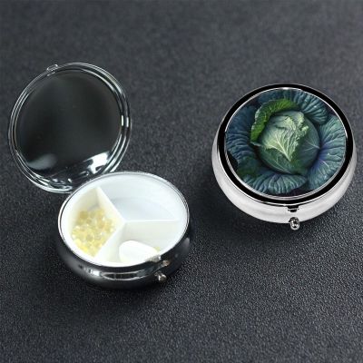 Bright Cabbage Pill Box 3 Compartment Round Portable Pill Case for Pocket or Purse Small Weekly Medicine Planner Travel Pillbox with Mirror Decorative Metal Vitamin Holder Gifts