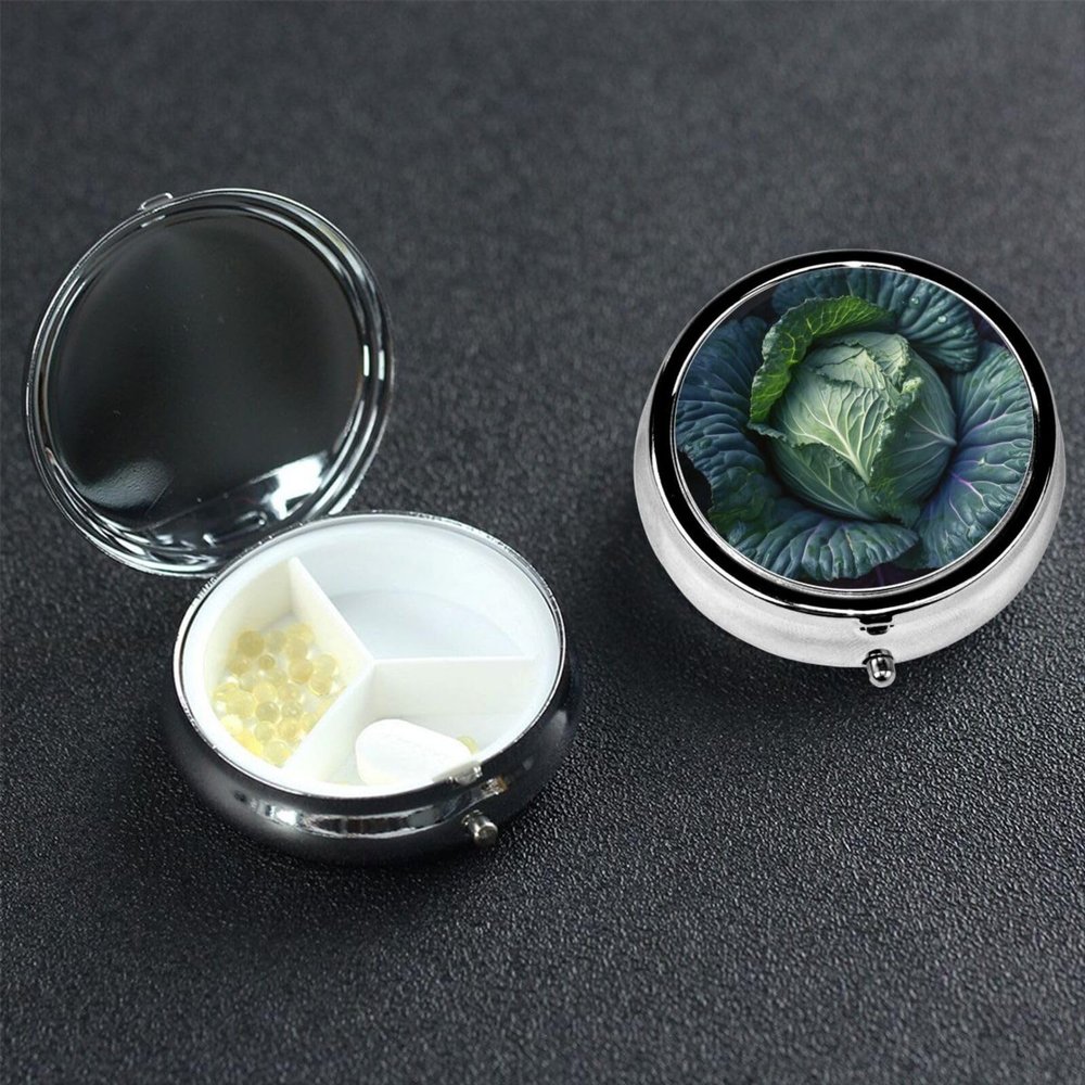 Bright Cabbage Pill Box 3 Compartment Round Portable Pill Case for Pocket or Purse Small Weekly Medicine Planner Travel Pillbox with Mirror Decorative Metal Vitamin Holder Gifts