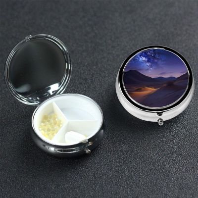 Night in The Desert Pill Box 3 Compartment Round Portable Pill Case for Pocket or Purse Small Weekly Medicine Planner Travel Pillbox with Mirror Decorative Metal Vitamin Holder Gifts