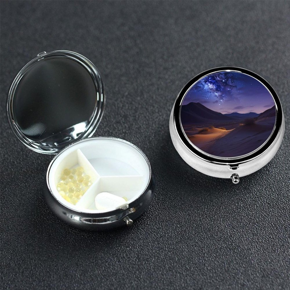 Night in The Desert Pill Box 3 Compartment Round Portable Pill Case for Pocket or Purse Small Weekly Medicine Planner Travel Pillbox with Mirror Decorative Metal Vitamin Holder Gifts
