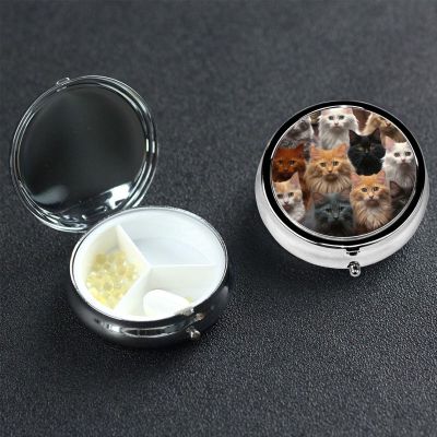Cat Collection Pill Box 3 Compartment Round Portable Pill Case for Pocket or Purse Small Weekly Medicine Planner Travel Pillbox with Mirror Decorative Metal Vitamin Holder Gifts