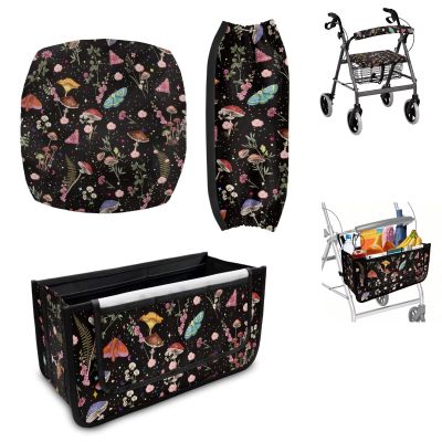 Luarisgur Mushroom Floral Walker Accessories for Seniors Walker Seat Cover Back Rest Covers Walker Basket 3 Pieces Set Rollator Accessories for Seniors Best Gift for Family