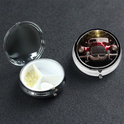 Classic Car Pill Box 3 Compartment Round Portable Pill Case for Pocket or Purse Small Weekly Medicine Planner Travel Pillbox with Mirror Decorative Metal Vitamin Holder Gifts