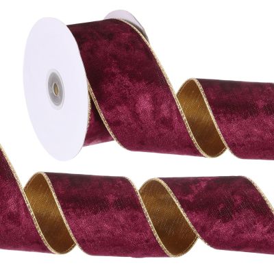 PATIKIL 2.5 Inch x 10 Yards Velvet Wired Ribbon, Velvety Gold Crushed Ribbons Double Faced Gift Wrapping Binding for Crafts Bow Wreaths Chrismas Tree Decorations, Wine Red