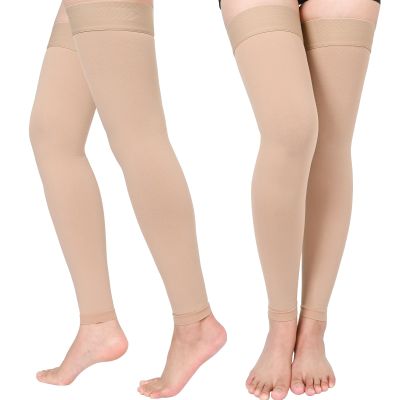2 Pairs Compression Stockings for Women & Men, Thigh High Length 15-20mmHg Graduated Compression Socks for Nursing Sports Varicose Veins, Dot Top, Footless, Beige,3XL