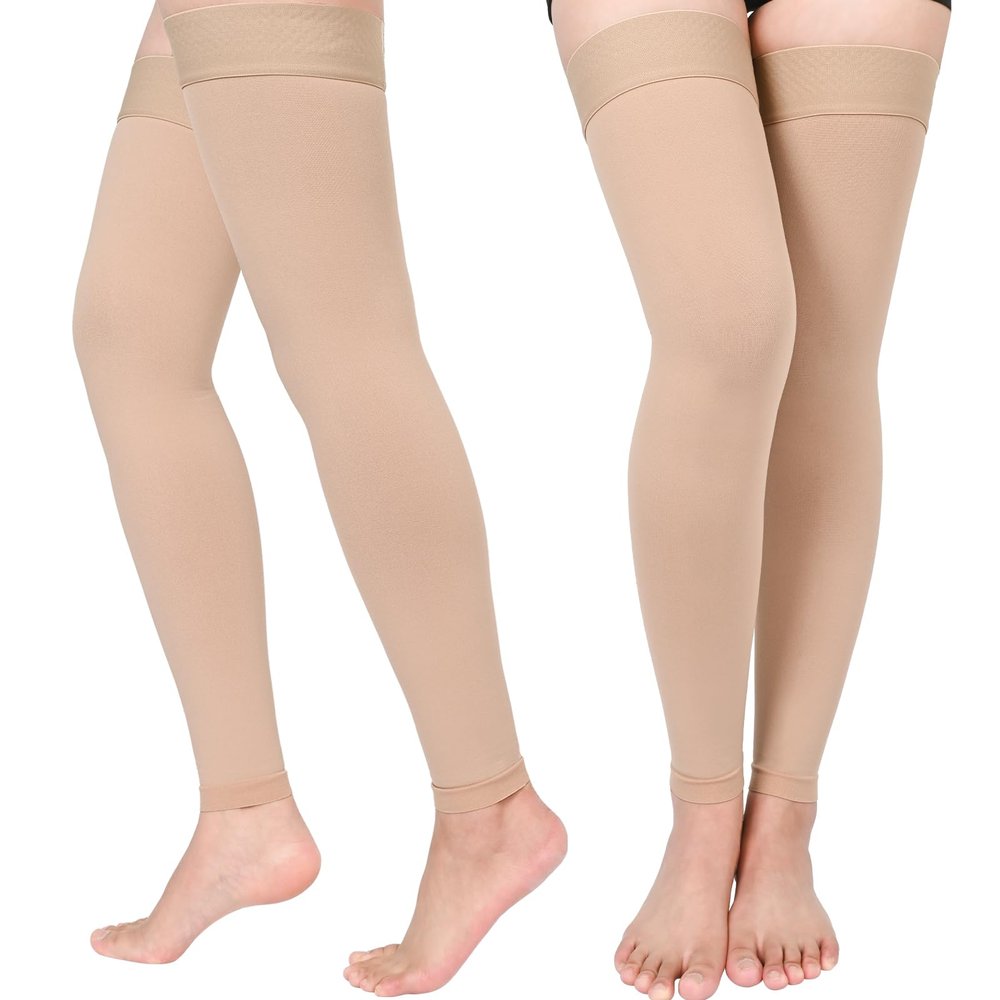 2 Pairs Compression Stockings for Women & Men, Thigh High Length 15-20mmHg Graduated Compression Socks for Nursing Sports Varicose Veins, Dot Top, Footless, Beige,3XL