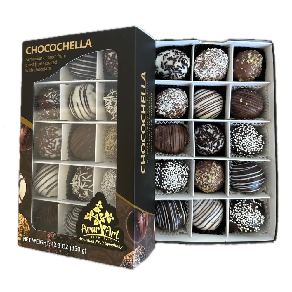 CHOCOCHELLA (12.3oz) Premium Armenian Gourmet Delights | Walnuts & Dried Fruits Coated in Dark, White & Milk Chocolate | 100% Natural, No Added Sugar | Handcrafted Gift Box | Healthy & Delicious Snack