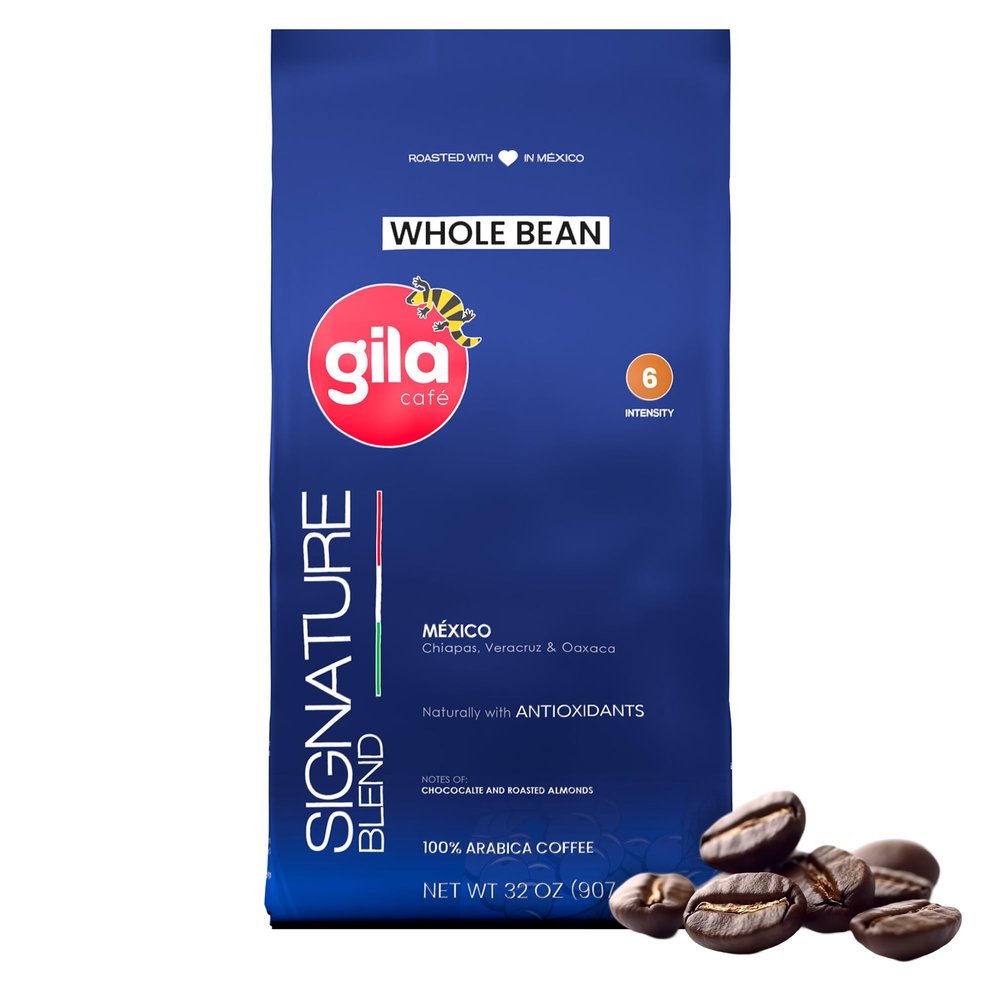 gila caf Whole Beans Coffee Medium Roast Signature Blend 32oz (1-Pack) - 100% Mexican Arabica Roasted Coffee Beans - Made with Coffeeberry - Chocolate, Roasted Almond Notes