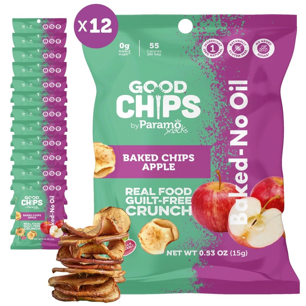 Baked Apple Chips by GOOD CHIPS! Crispy, Crunchy, Oil-Free, Healthy Naturally Sweet Dried Fruit Snack - 0.53 oz bags - Pack of 12