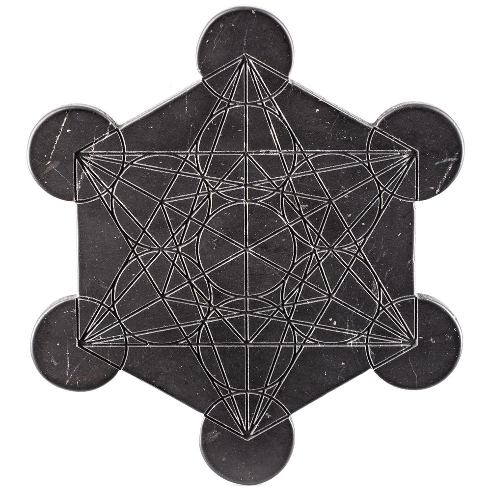 Shungite Charging Plate Metatron - Matte Finish - Engraving of the Sacral Symbol Cube of Metatron - Charging Plate for Crystals Plant and Drinking - Each one has a Certificate of Authenticity