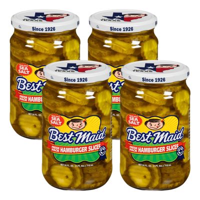 Best Maid Products - 24 Ounce Glass Jars Baby - Dill, Kosher, Hamburger Slices, Garlic Bites, Habanero Chips, & Xtreme Hot Pickles (4 Pack, Fresh Pack Hamburger Slices w/Sea Salt)