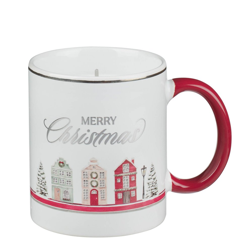 Christian Art Gifts Inspirational Natural Soy Wax Essential Oil Infused Scented Holiday Candle in Ceramic Mug: Merry Christmas, Snowy Village Theme, Cotton Wick, Red & White, Season's Greetings Scent