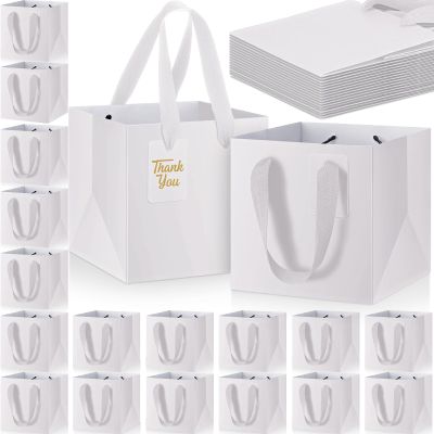 Windyun 50 Pcs Mini Paper Gift Bags with Handle 6 x 6 x 6'' Square Small Favor Bag with DIY Thank You Tag for Christmas Birthday Wedding Bridal Shower Bridesmaid Graduation Party (White)