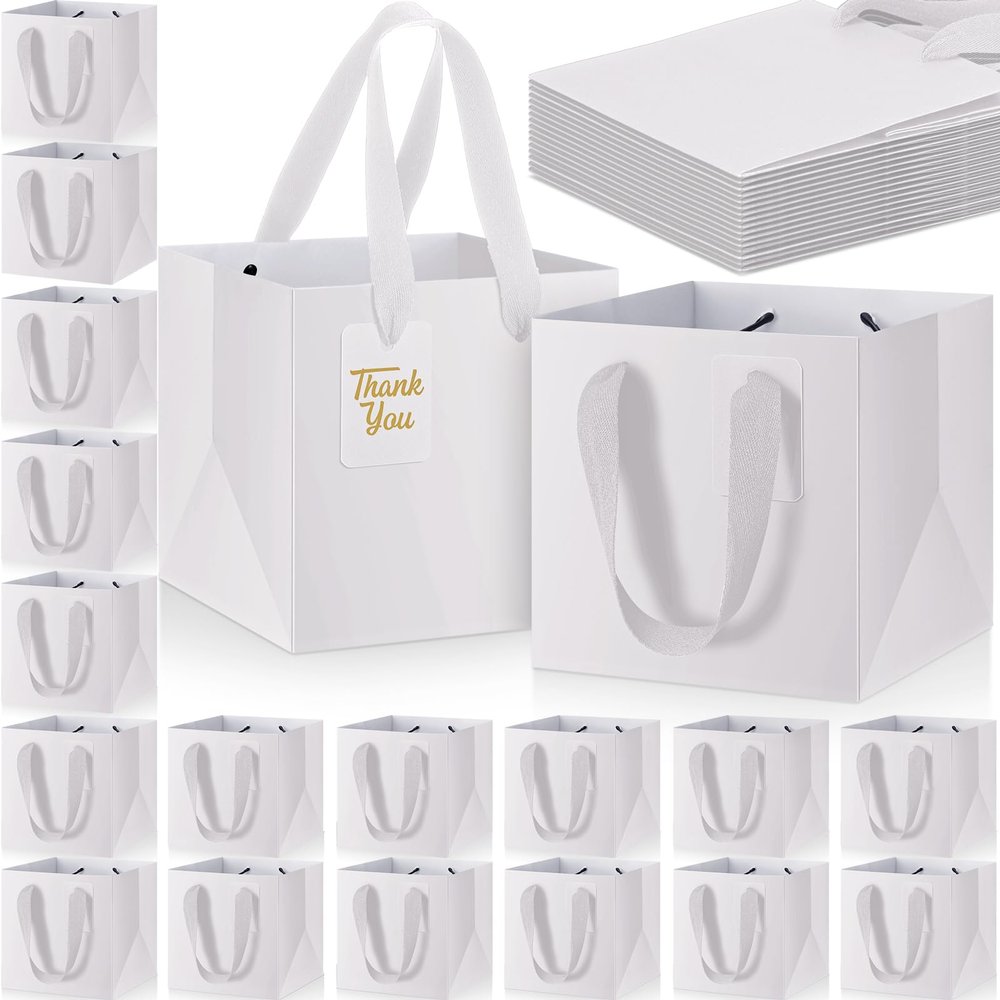 Windyun 50 Pcs Mini Paper Gift Bags with Handle 6 x 6 x 6'' Square Small Favor Bag with DIY Thank You Tag for Christmas Birthday Wedding Bridal Shower Bridesmaid Graduation Party (White)