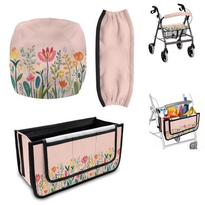 Luarisgur Mothers Day Rollator Walker Accessories for Walkers 3 Pieces Set Floral Rollator Seat and Back Rest Covers Rollator Walker Basket with Big Capacity & Never Tipping Over