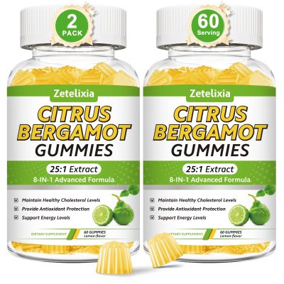2 Pack Citrus Bergamot Gummies, Citrus Bergamot Supplement for High Cholesterol, Cholesterol Lowering Supplement for Heart, Immune System & Healthy Aging Support, Sugar Free, Lemon Flavor, 120 Cts