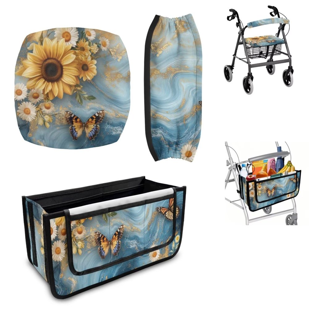 Luarisgur Marble Walkers for Seniors Accessories Seat Covers Walker Basket 3 Pieces Sunflower Butterfly Rollator Walker Seat and Backrest Covers Walkers Basket Best Gift for Family
