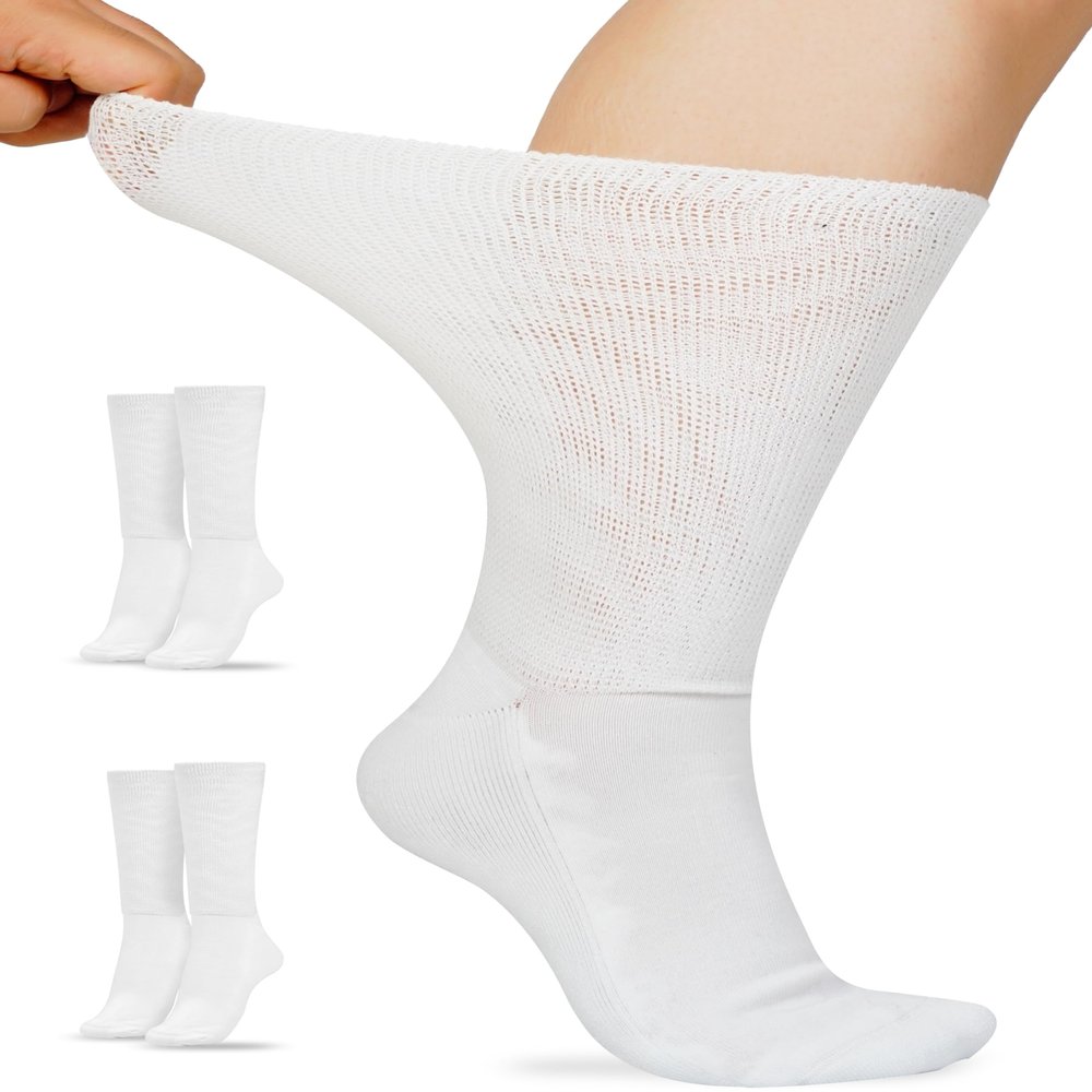 Artdear Colorful Bamboo Diabetic Socks for Men & Women - 2 Pairs Non Binding Extra Wide Crew Socks (US, Alpha, Large, Regular, Regular, White)