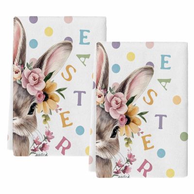 FADADII11 Kitchen Dish Towels Floral Bunny Water Absorbent Hand Towels Rabbit Colorful Dots Tea Towels Dish Cloths for Kitchen Cleaning Drying 2 Pack