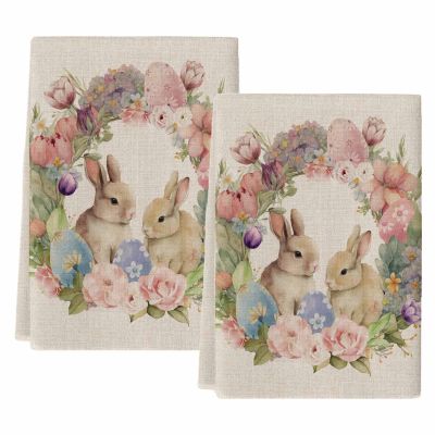 FADADII11 Kitchen Dish Towels Bunny Eggs Flower Wreath Water Absorbent Hand Towels Vintage Spring Tea Towels Dish Cloths for Kitchen Cleaning Drying 2 Pack