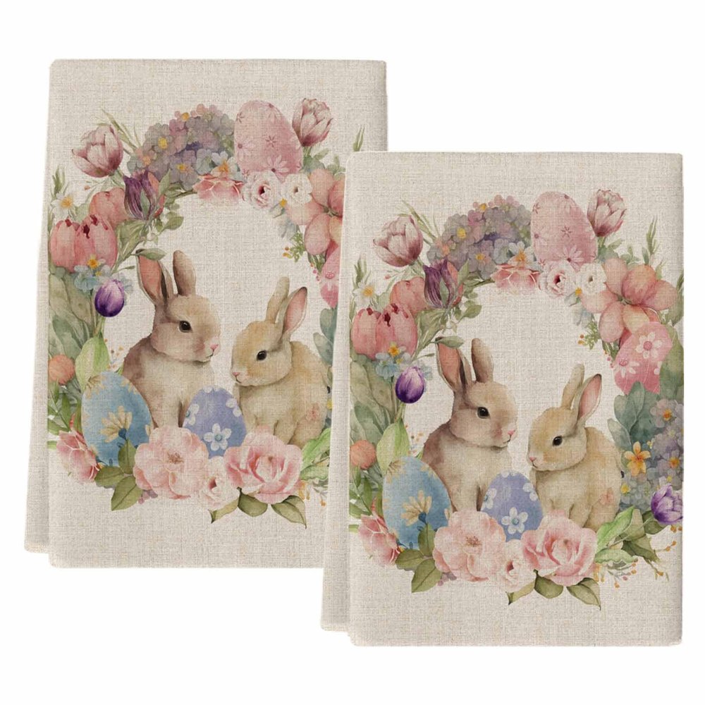 FADADII11 Kitchen Dish Towels Bunny Eggs Flower Wreath Water Absorbent Hand Towels Vintage Spring Tea Towels Dish Cloths for Kitchen Cleaning Drying 2 Pack