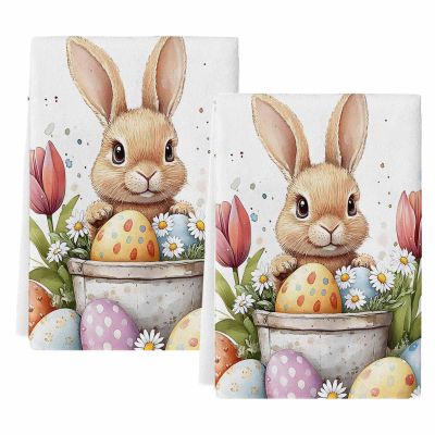 FADADII11 Kitchen Dish Towels Egg Flower Water Absorbent Hand Towels Easter Bunny Tea Towels Dish Cloths for Kitchen Cleaning Drying 2 Pack