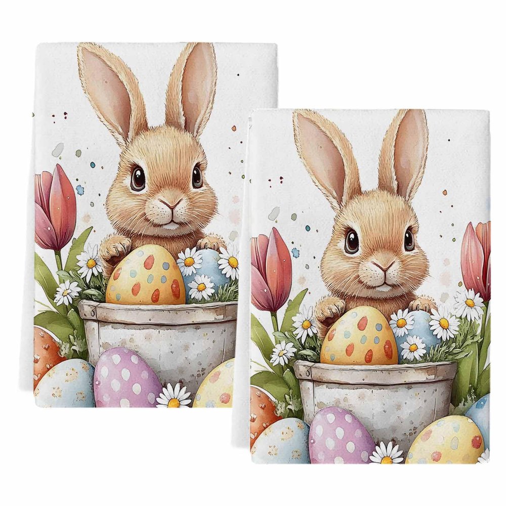 FADADII11 Kitchen Dish Towels Egg Flower Water Absorbent Hand Towels Easter Bunny Tea Towels Dish Cloths for Kitchen Cleaning Drying 2 Pack