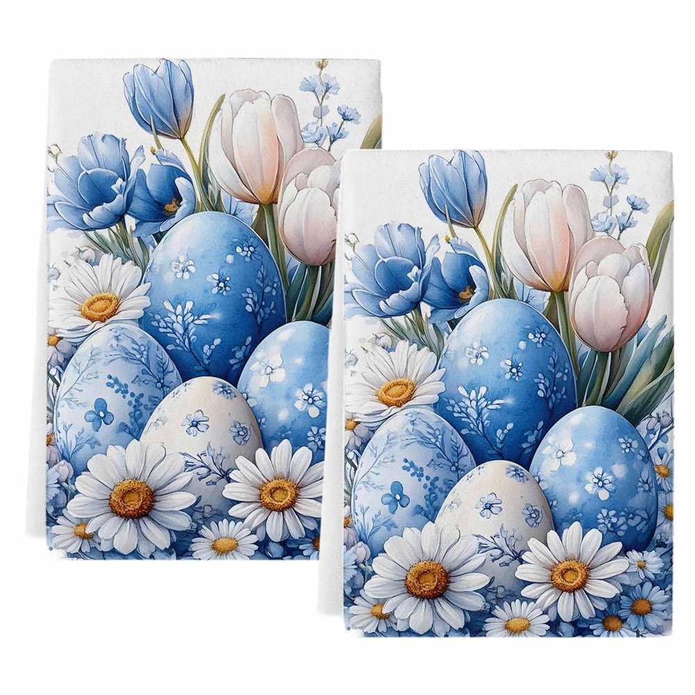 FADADII11 Kitchen Dish Towels Easter Egg Water Absorbent Hand Towels Watercolor Flower Tea Towels Dish Cloths for Kitchen Cleaning Drying 2 Pack