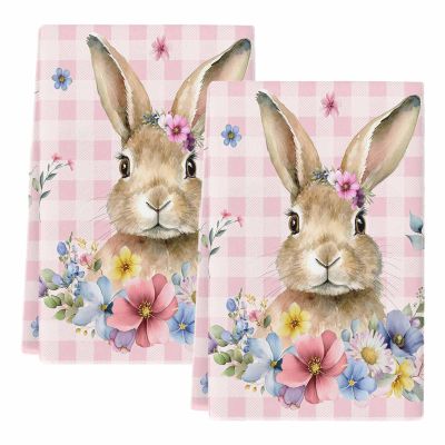 FADADII11 Kitchen Dish Towels Bunny Rabbit Flower Water Absorbent Hand Towels Leaves Pink Buffalo Plaid Tea Towels Dish Cloths for Kitchen Cleaning Drying 2 Pack