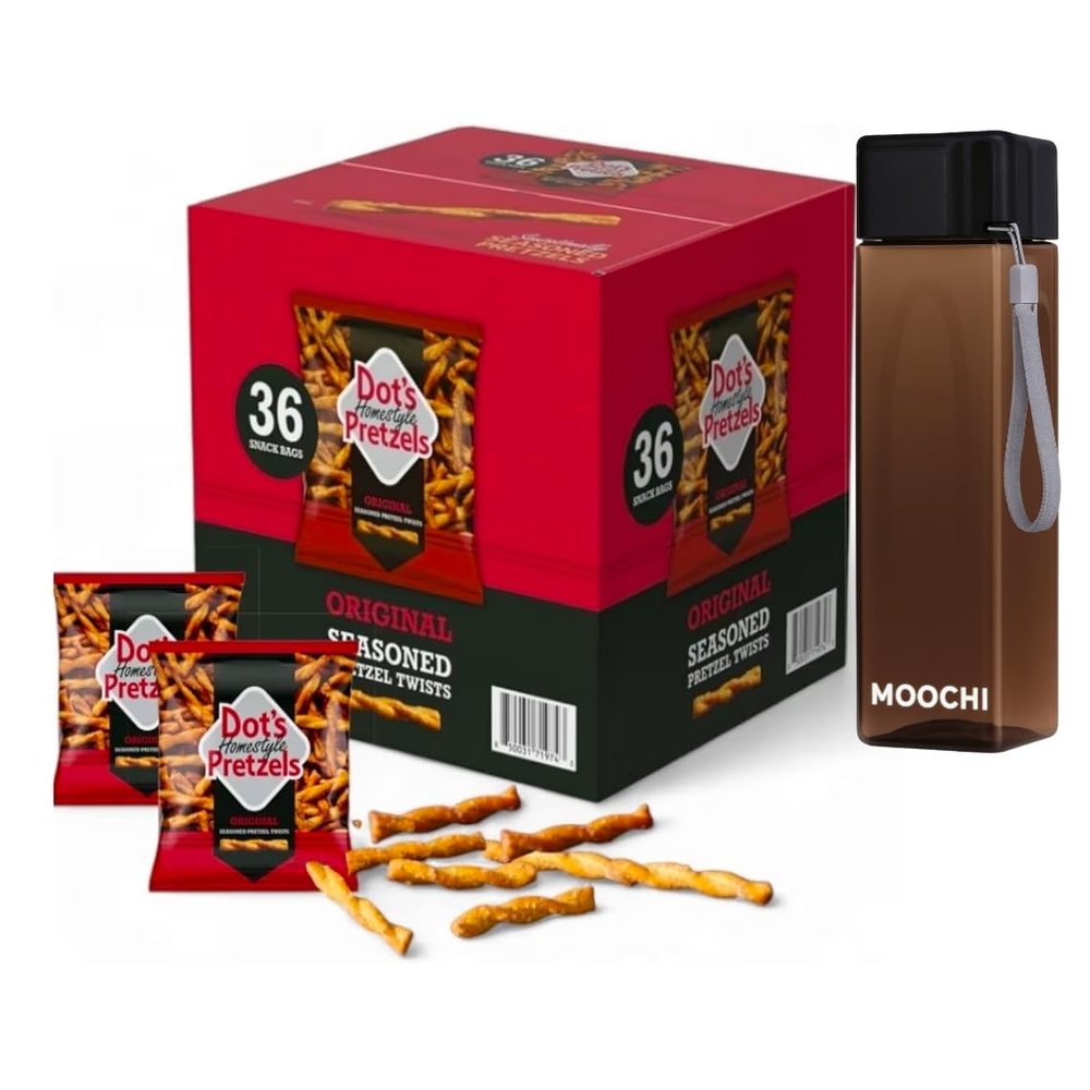 Dots Homestyle Pretzels Original Seasoned Pretzel Twists (36 Snack Bags) Baked, No Artificial Flavors Wholesome, Crunchy, Healthy Kids Snacks, Bundled by MOOCHI. Plus, get a bonus reusable water bottleperfect for gifting or everyday use!