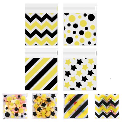 100 PCS Black Gold Polka Dots Star Stripe Cellophane bags(4x4 Inch) Colorful Self Sealing Cookie Treat Snack Goodie Candy Goody Gifts Bags for Graduation Birthday Holiday Party Favors Supplies Wrap