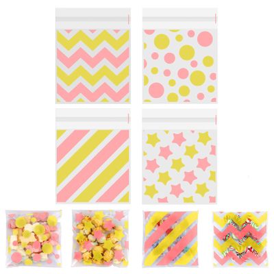 100 PCS Pink Gold Polka Dots Star Stripe Cellophane bags(4x4 Inch) Colorful Self Sealing Cookie Treat Snack Goodie Candy Goody Gifts Bags for Baby Shower Birthday Holiday Party Favors Supplies Wrap