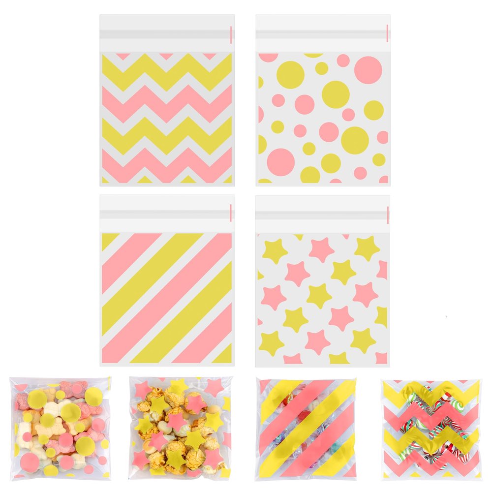 100 PCS Pink Gold Polka Dots Star Stripe Cellophane bags(4x4 Inch) Colorful Self Sealing Cookie Treat Snack Goodie Candy Goody Gifts Bags for Baby Shower Birthday Holiday Party Favors Supplies Wrap