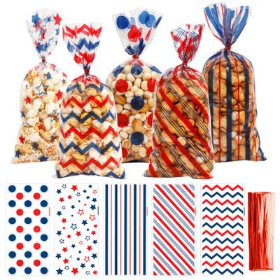 4th of July Patriotic Cellophane Treat Bags, 100PCS Patriotic Candy Bags, Plastic Clear Cello Red White Blue Cookies Goodie Gift Bag for Independence Day 4th fourth of July Veterans Memorial Day Party