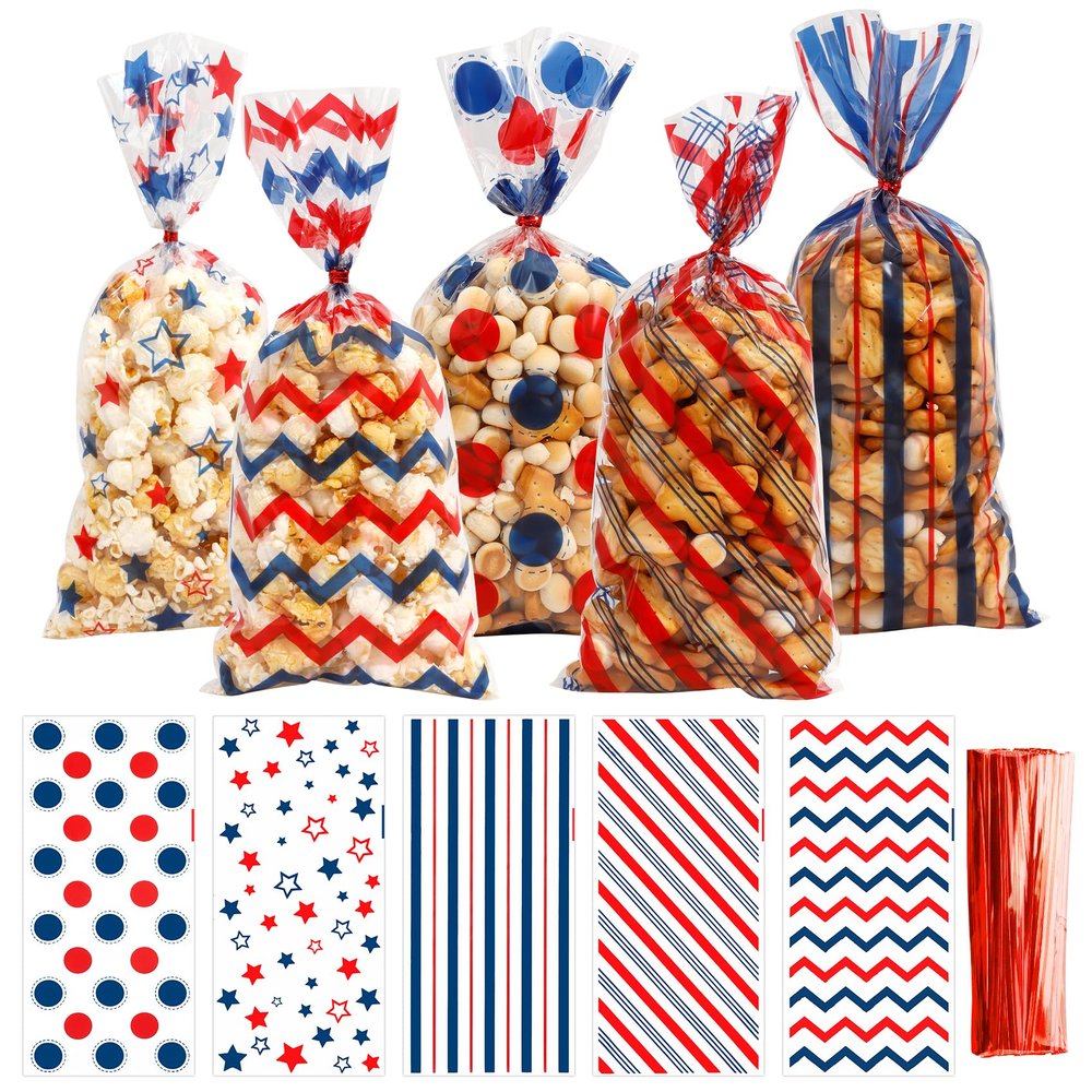 4th of July Patriotic Cellophane Treat Bags, 100PCS Patriotic Candy Bags, Plastic Clear Cello Red White Blue Cookies Goodie Gift Bag for Independence Day 4th fourth of July Veterans Memorial Day Party