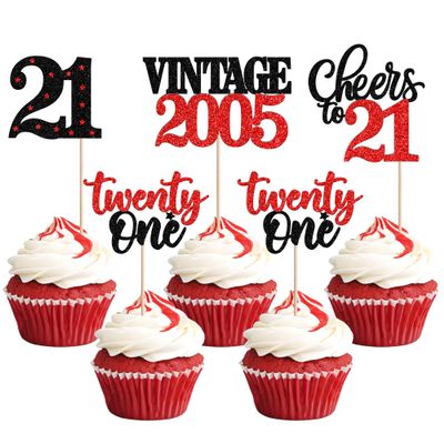 24 PCS Happy 21st Birthday Cupcake Toppers Star 21 Hello Twenty One Vintage 2005 Cupcake Picks Cheers to 21 Years Decorations for him 21st Birthday Anniversary Party Cake Decorations Supplies Red