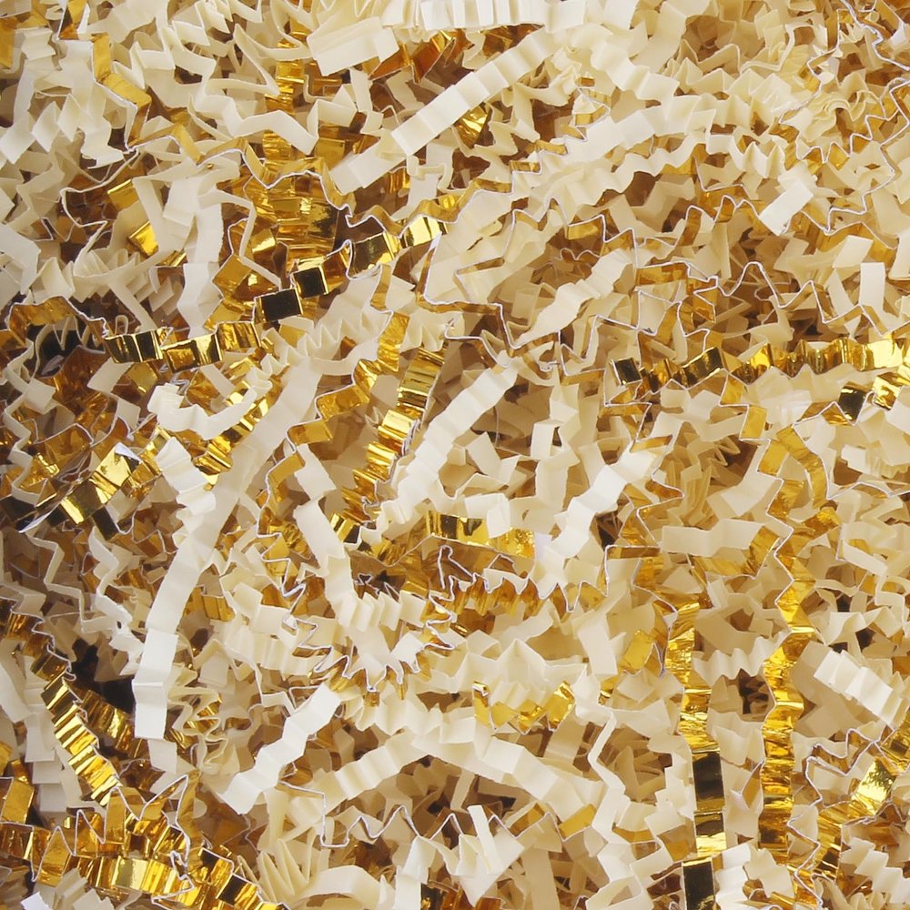 LDKGHE Crinkle Cut Paper Shred Filler for Gift Wrapping Baskets Filling Box Birthdays Christmas Thanksgiving Easter Weddings Valentines Mother's Day Anniversaries (Vanilla and Gold, 2 LB)