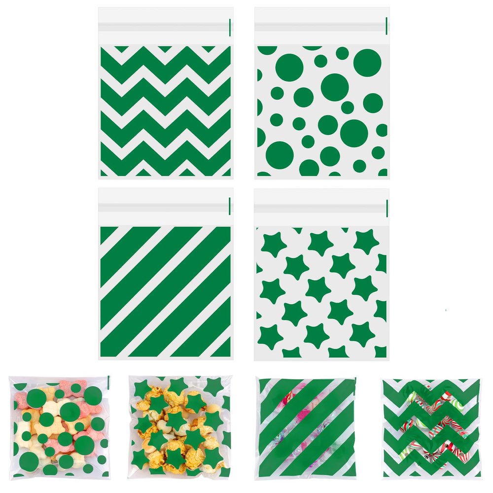 100 PCS Green Polka Dots Star Stripe Cellophane bags(4x4 Inch) Self Sealing Cookie Treat Snack Goodie Candy Goody Gifts Bags for St. Patrick's Graduation Birthday Holiday Party Favors Supplies Wrap