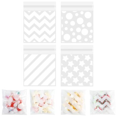 100 PCS White Polka Dots Star Stripe Cellophane bags(4x4 Inch) Winter Frozen Self Sealing Cookie Treat Snack Goodie Candy Goody Gifts Bags for Christmas Birthday Holiday Party Favors Supplies Wrap