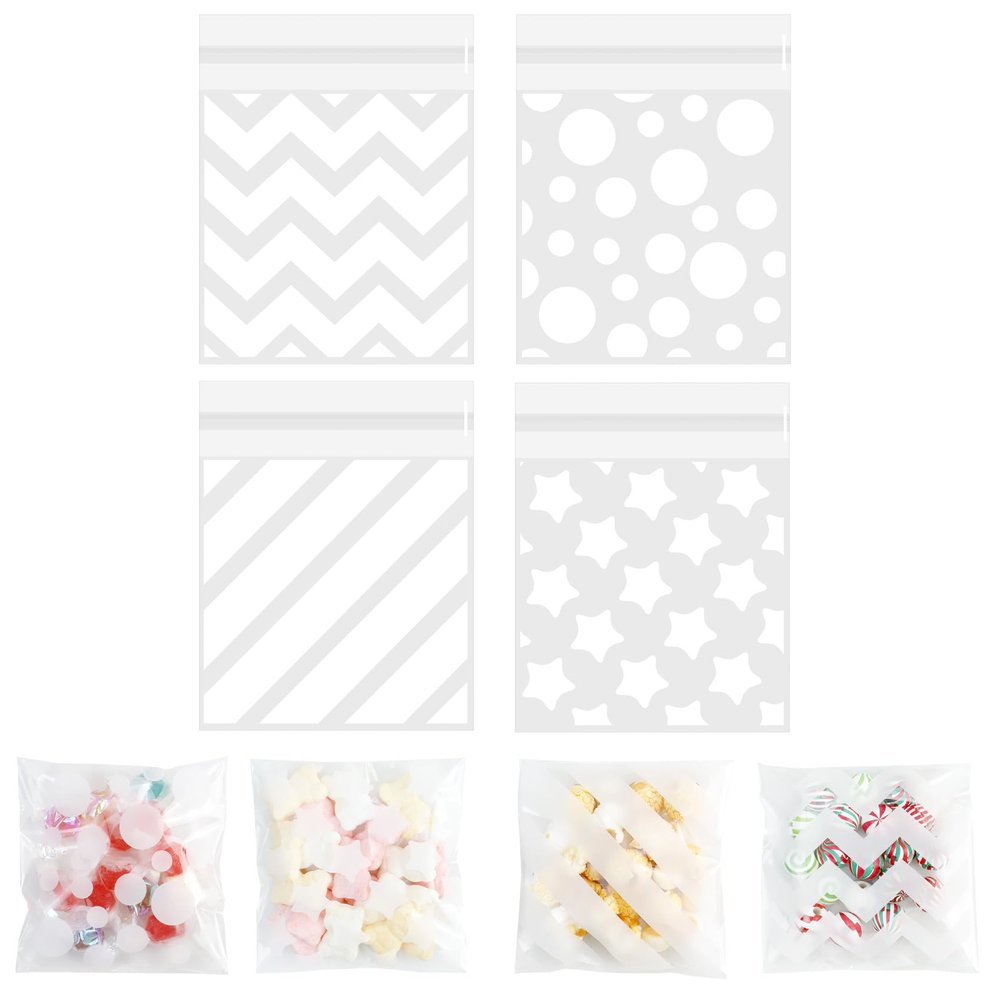 100 PCS White Polka Dots Star Stripe Cellophane bags(4x4 Inch) Winter Frozen Self Sealing Cookie Treat Snack Goodie Candy Goody Gifts Bags for Christmas Birthday Holiday Party Favors Supplies Wrap