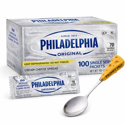 Prompt Prep Philadelphia Original Cream Cheese Spread Single Serve Packets with Branded Cheese Spoon, 100 Count Portion Cups, Convenient Individual Packets for Bagels, Breakfast & Snacks