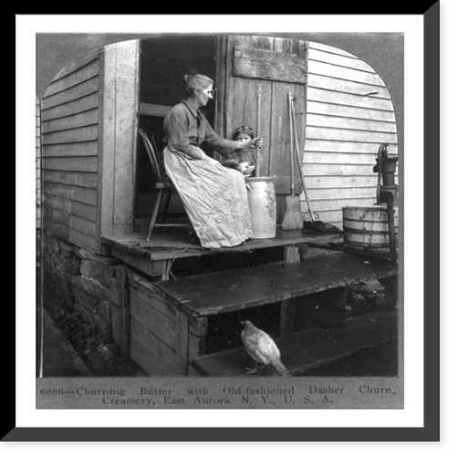 Historic Framed Print, Churning butter with old-fashioned dasher churn, creamery, East Aurora, N.Y., 17-7/8" x 21-7/8"