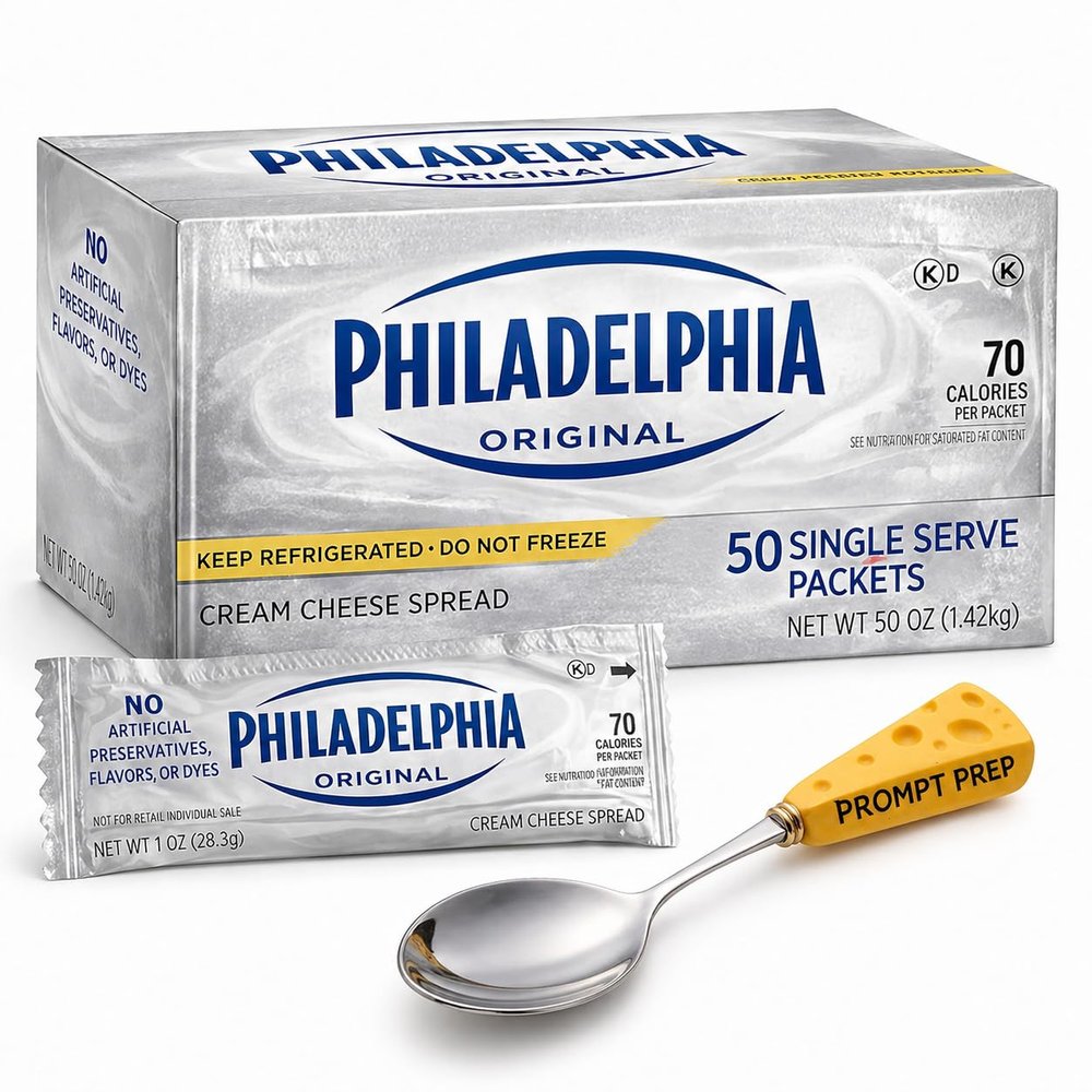 Prompt Prep Philadelphia Original Cream Cheese Spread Single Serve Packets (50 Count) with Branded Cheese Spoon, Creamy Smooth Spread for Bagels, Toast, Crackers & Snacks, 50 oz Bulk Pack