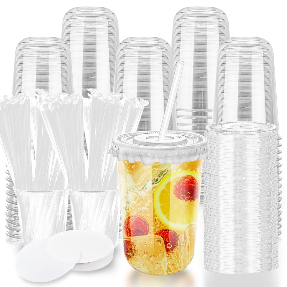 16oz Disposable Stemless Glasses with Flat Lids and Straws,PET Disposable Drinking Cups,Clear Plastic Wine Glasses for Parties Birthday,Wedding,Meeting,Christmas Party Supplies. (100, Transparent)