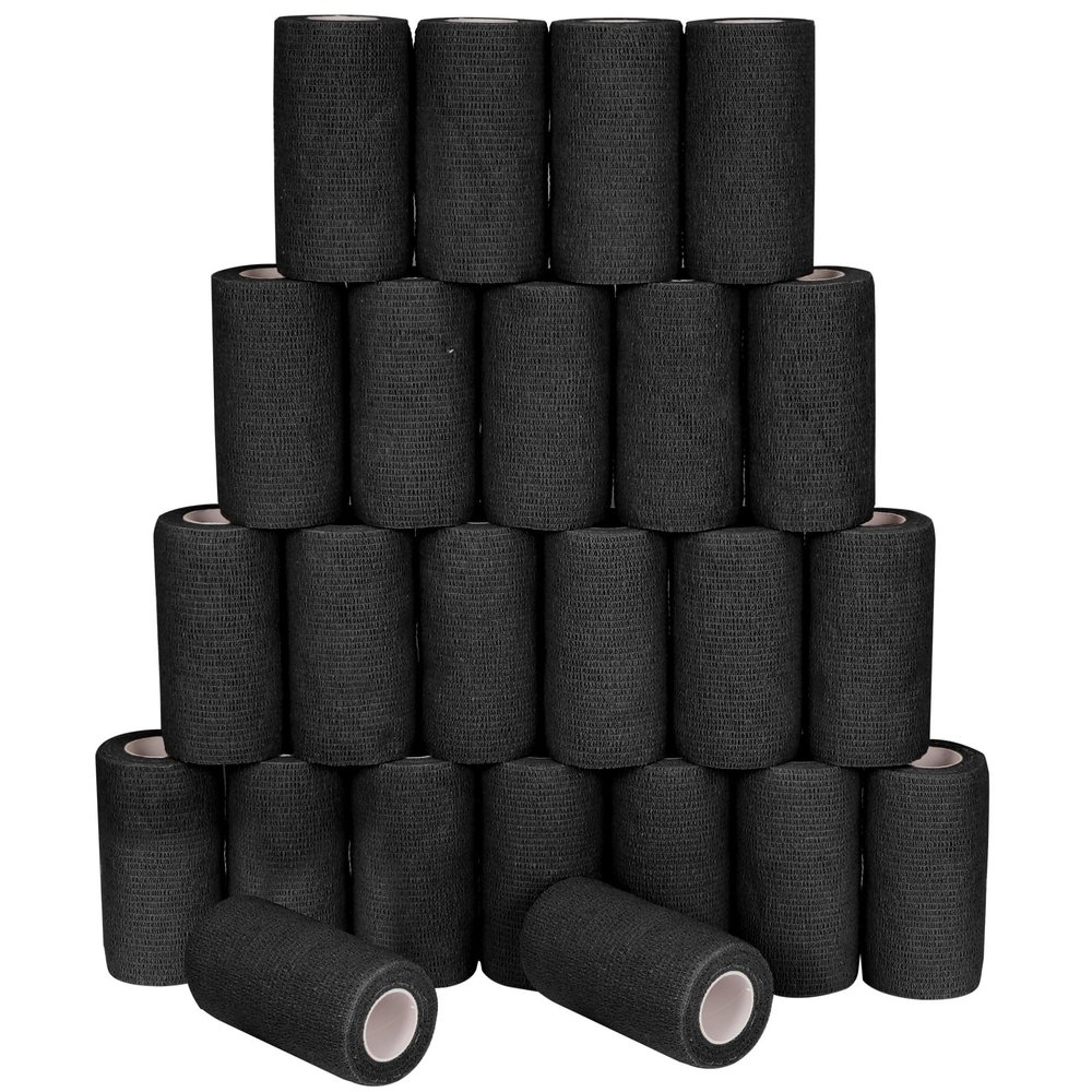 24 Pack Self Adhesive Bandage Wrap, 4 x 5 Yards Cohesive Medical Tape Elastic Grip Tape Black Sports Tape Athletic for Ankle, Wrist Sprains, Pet First Aid (Black, 4 Inch)