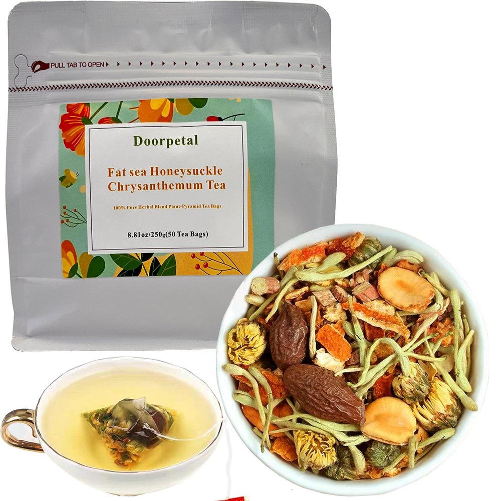 100% Pure Herbal Blend Plant-Pyramid Tea Bags A pack of 50 bags8.81oz/250gCaffeine Free, Gluten Free (Fat sea Honeysuckle and Chrysanthemum Tea)
