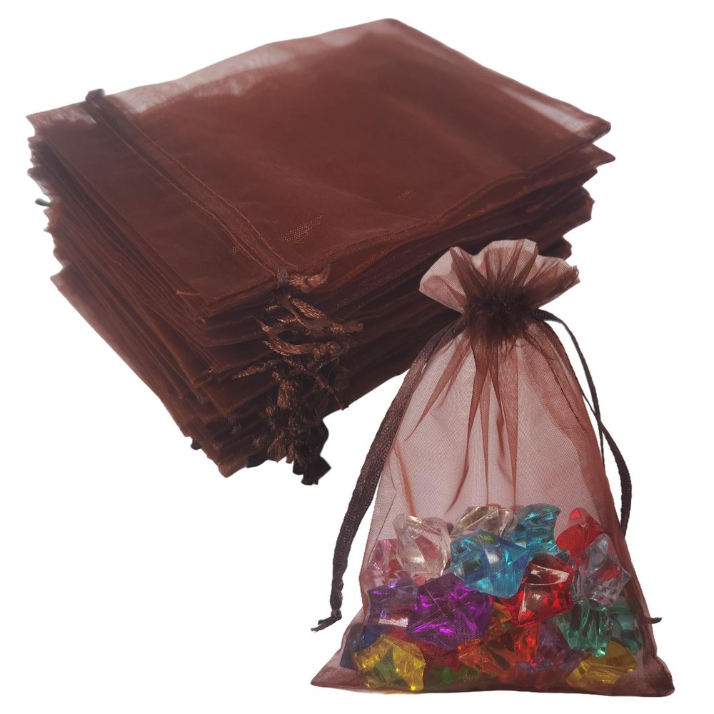 100 Pc 4x6 inch Organza Gift Wrap Bags Brown for Baby Shower,Christmas,Party Favors,Birthday,Wedding,Bridal Shower,Holiday Drawstring Sheer Fabric Clear Mesh Plain Sachet for Jewelry,Candy,Cookie