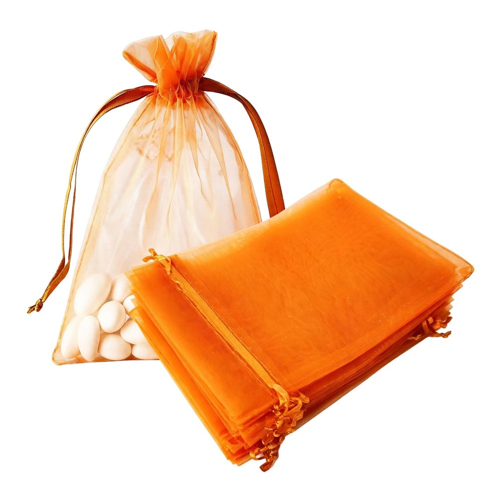 100 Pcs 5x7 inch Organza Gift Wrap Bags Orange for Baby Shower,Christmas,Party Favors,Birthday,Wedding,Bridal Shower,Santa Drawstring Sheer Fabric Clear Mesh Satin Sachet for Women Jewelry,Candy