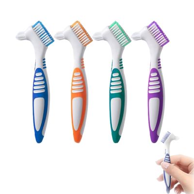 Denture Brush, 4Pcs Denture Toothbrushes, Double Sided denture Brushes, Denture Cleaning Care Brush, Multi-Layered Bristles and Rubber Anti-Slip Handle False Teeth Brush for Cleaning Retainers