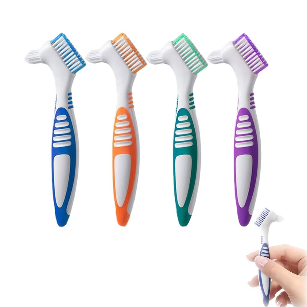 Denture Brush, 4Pcs Denture Toothbrushes, Double Sided denture Brushes, Denture Cleaning Care Brush, Multi-Layered Bristles and Rubber Anti-Slip Handle False Teeth Brush for Cleaning Retainers
